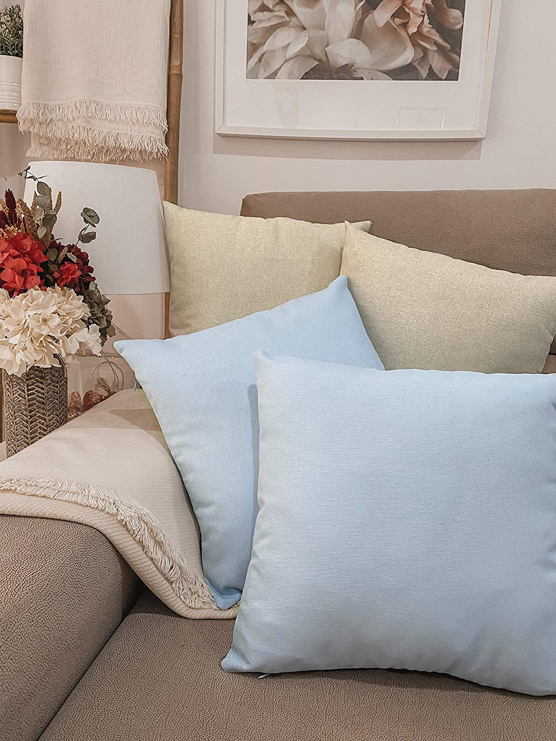 Ohok Confezione da 4 federe quadrate morbide e decorative camera da letto per soggiorno divano 45 x 45 cm divano fiori e uccello blu 